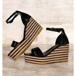 Black Patent Leather Espadrille Wedge Sandals With Ankle Strap & Buckle